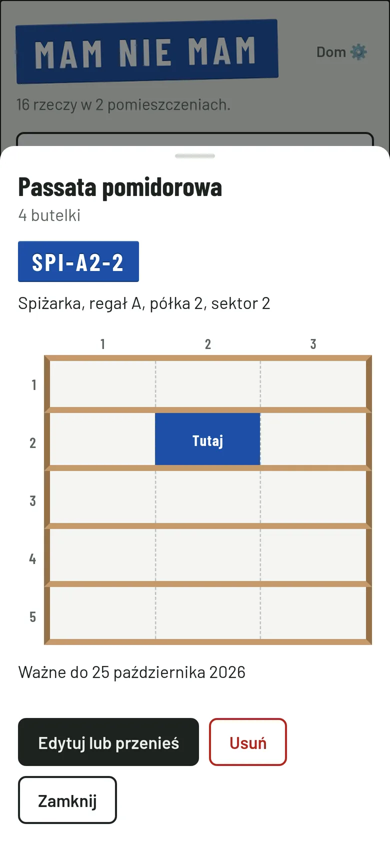 Szczegóły rzeczy Passata pomidorowa: adres SPI-A2-2, regał z zaznaczoną półką i data ważności.