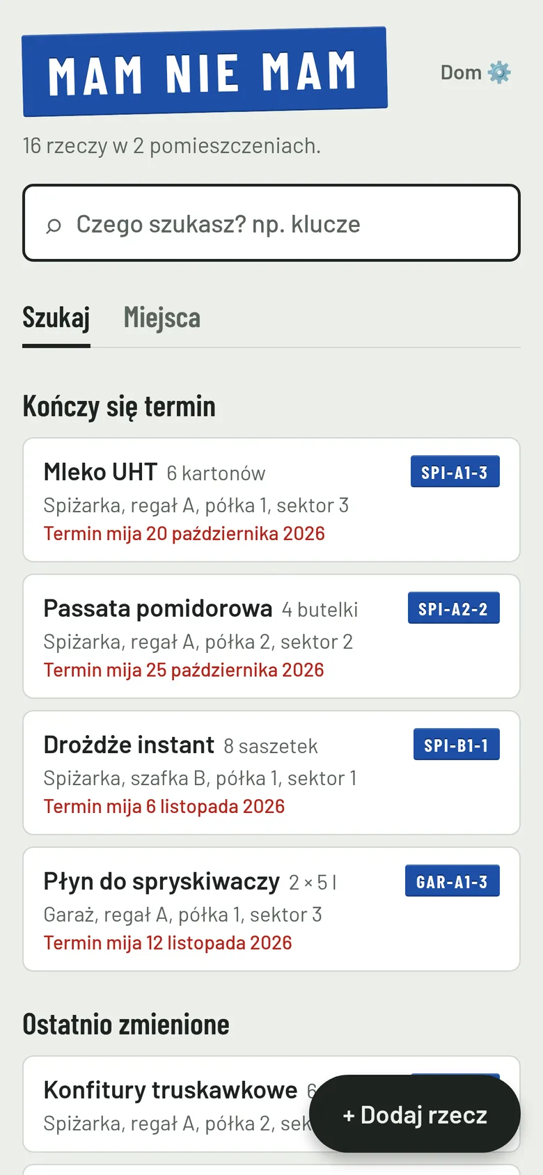 Ekran główny: wyszukiwarka i lista rzeczy, którym kończy się termin, każda z adresem półki, np. SPI-A1-3.